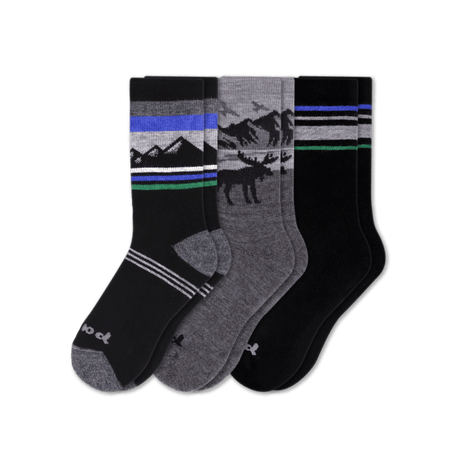 Pacas Mens Alpaca Crew 3-Pack Socks  -  Medium/Large / Black/Mountain Black/Moose Gray