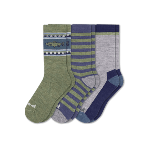 Pacas Mens Alpaca Crew 3-Pack Socks  -  Medium/Large / Rugby Stripe Denim/Sage/Color Block Sage