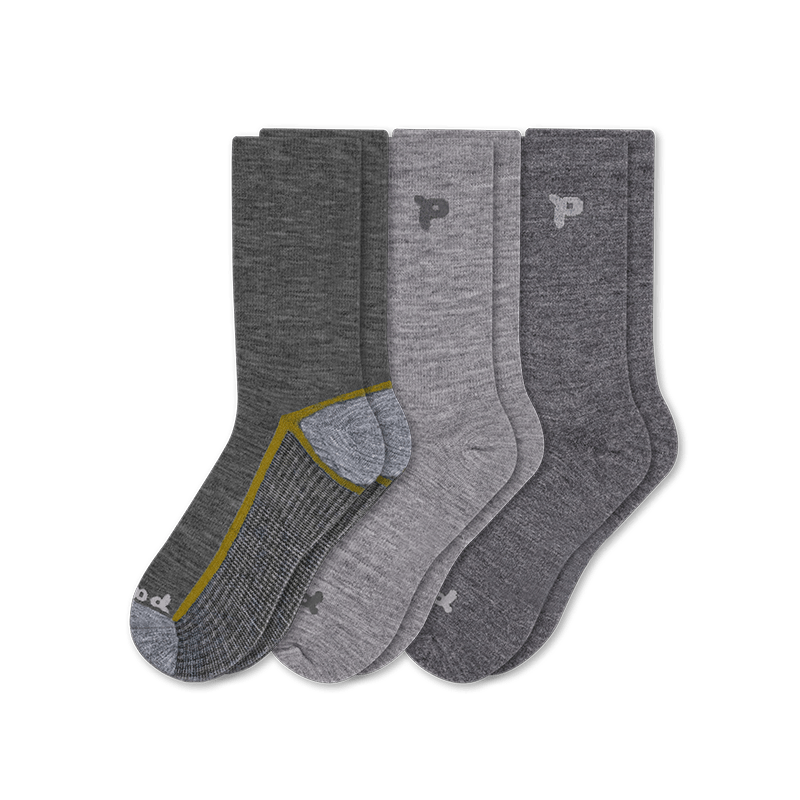 Pacas Mens Alpaca Lightweight Crew 3-Pack Socks  -  Large/X-Large / Striped Sole Charcoal/Solid Grey/Solid Charcoal