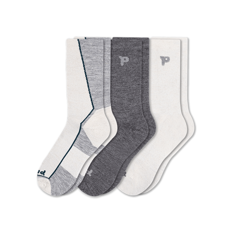 Pacas Mens Alpaca Lightweight Crew 3-Pack Socks  -  Large/X-Large / Striped Sole White-Grey/Solid Charcoal/Solid White