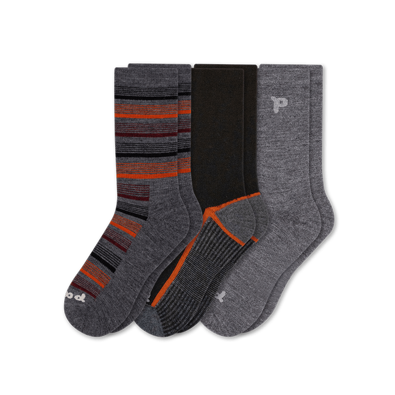 Pacas Mens Alpaca Lightweight Crew 3-Pack Socks  -  Large/X-Large / Variegated Stripe Charcoal/Stripe Sole Black-Orange/Solid Charcoal