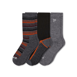 Pacas Mens Alpaca Lightweight Crew 3-Pack Socks  -  Large/X-Large / Variegated Stripe Charcoal/Stripe Sole Black-Orange/Solid Charcoal