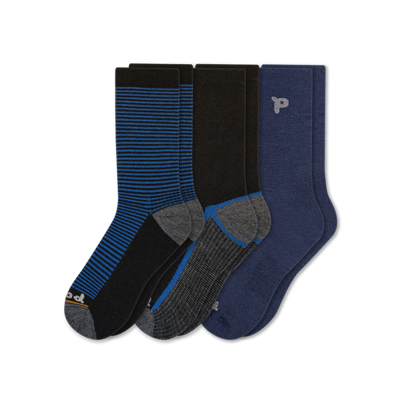 Pacas Mens Alpaca Lightweight Crew 3-Pack Socks  -  Medium/Large / Black Multi Stripe/Striped Sole Black-Blue/Solid Dress Blue