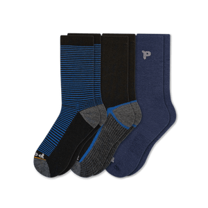 Pacas Mens Alpaca Lightweight Crew 3-Pack Socks  -  Medium/Large / Black Multi Stripe/Striped Sole Black-Blue/Solid Dress Blue