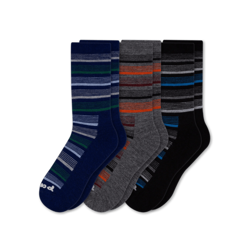 Pacas Mens Alpaca Lightweight Crew 3-Pack Socks  -  Medium/Large / Variegated Stripe Navy/Variegated Stripe Charcoal/Variegated Stripe Black