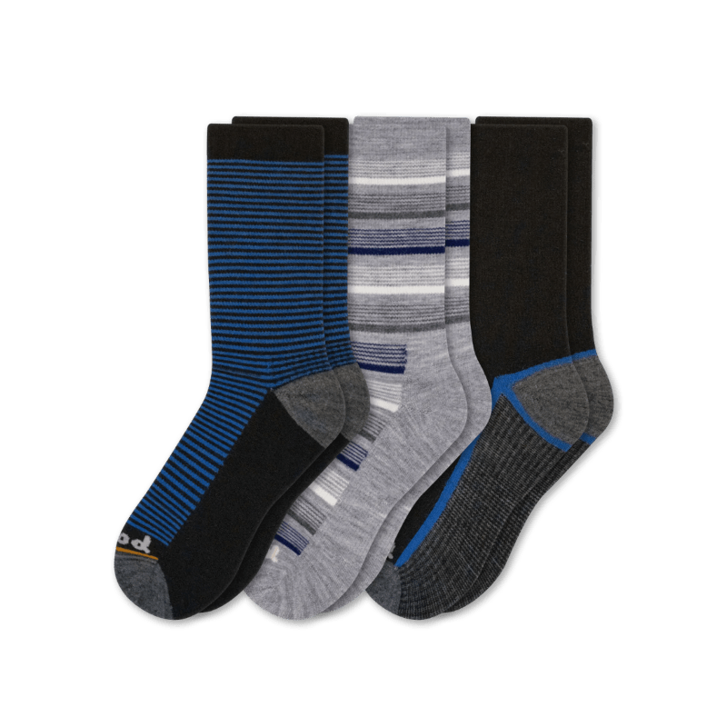 Pacas Mens Alpaca Lightweight Crew 3-Pack Socks  -  Large/X-Large / Black Multi Stripe/Gray Thin Stripe/Black