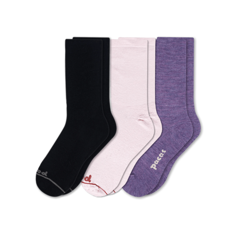 Pacas Womens Lightweight Alpaca Crew 3-Pack Socks  -  Medium/Large / Black/White/Purple