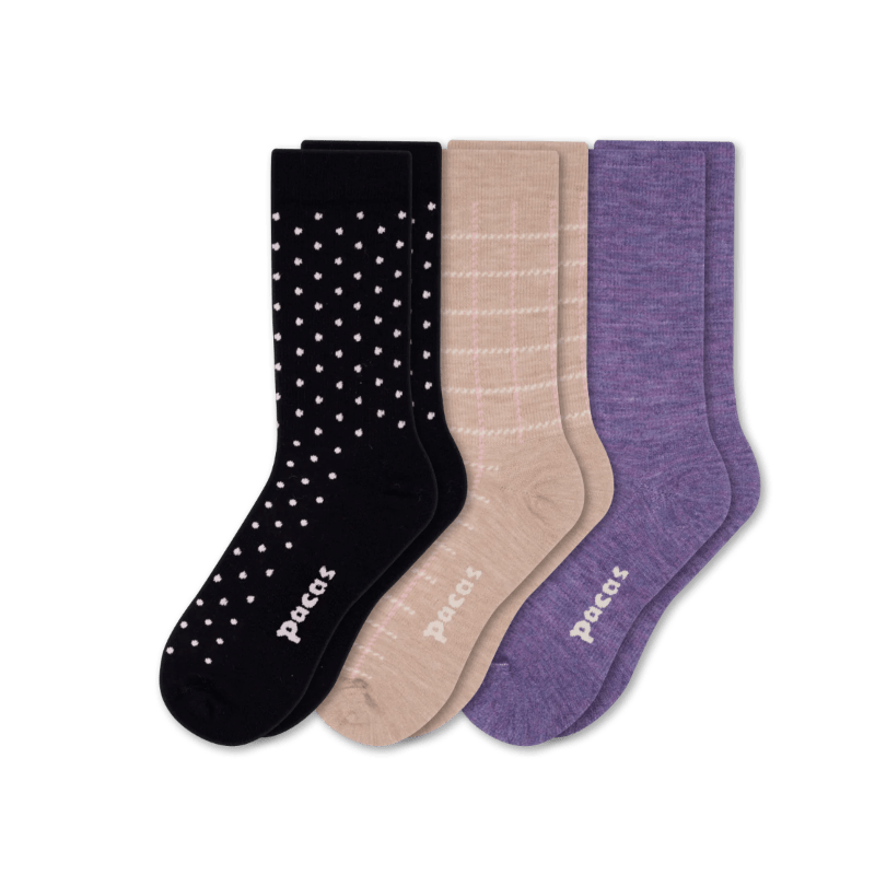 Pacas Womens Lightweight Alpaca Crew 3-Pack Socks  -  Small/Medium / Polka Dots/Tan/Purple