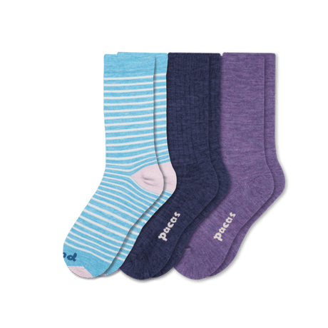 Pacas Womens Lightweight Alpaca Crew 3-Pack Socks  -  Small/Medium / Blue Stripes/Navy/Purple