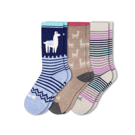 Pacas Womens Alpaca Crew 3-Pack Socks  -  Small/Medium / Blue Alpaca/AO Alpaca/Pink Stripes