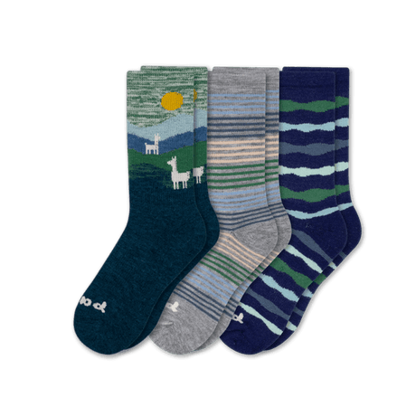 Pacas Womens Alpaca Crew 3-Pack Socks  -  Medium/Large / Placed Alpaca/Stripes Blues