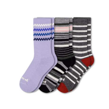 Pacas Womens Alpaca Crew 3-Pack Socks  -  Small/Medium / Purple/Gray and Pink Stripe/Gray Stripe