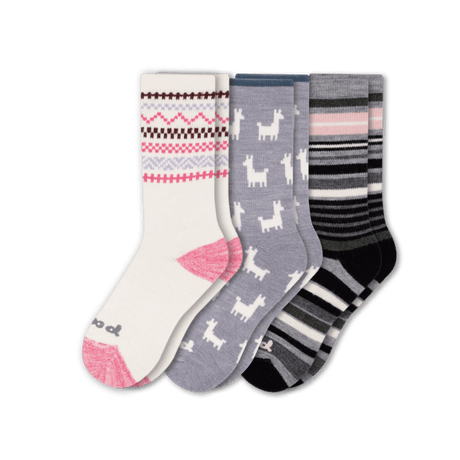 Pacas Womens Alpaca Crew 3-Pack Socks  -  Medium/Large / White/AO Alpaca/Gray and Pink Stripe