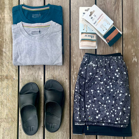 Father's Day socks, sandals, shirts, and shorts flatlay