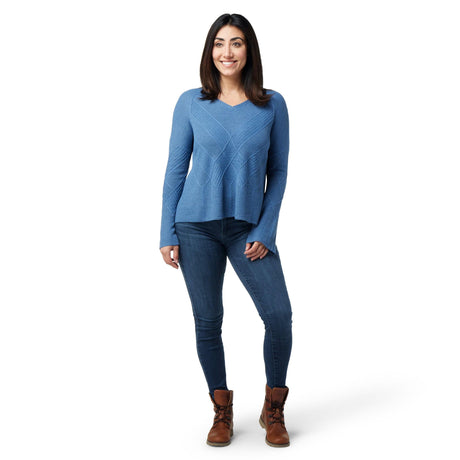 Smartwool Womens Shadow Pine Cable V-Neck Sweater  -  Large / Blue Horizon Heather