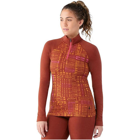 Smartwool Womens Classic Thermal Merino Base Layer 1/4 Zip - Clearance  -  Medium / Pecan Brown Digi Plaid